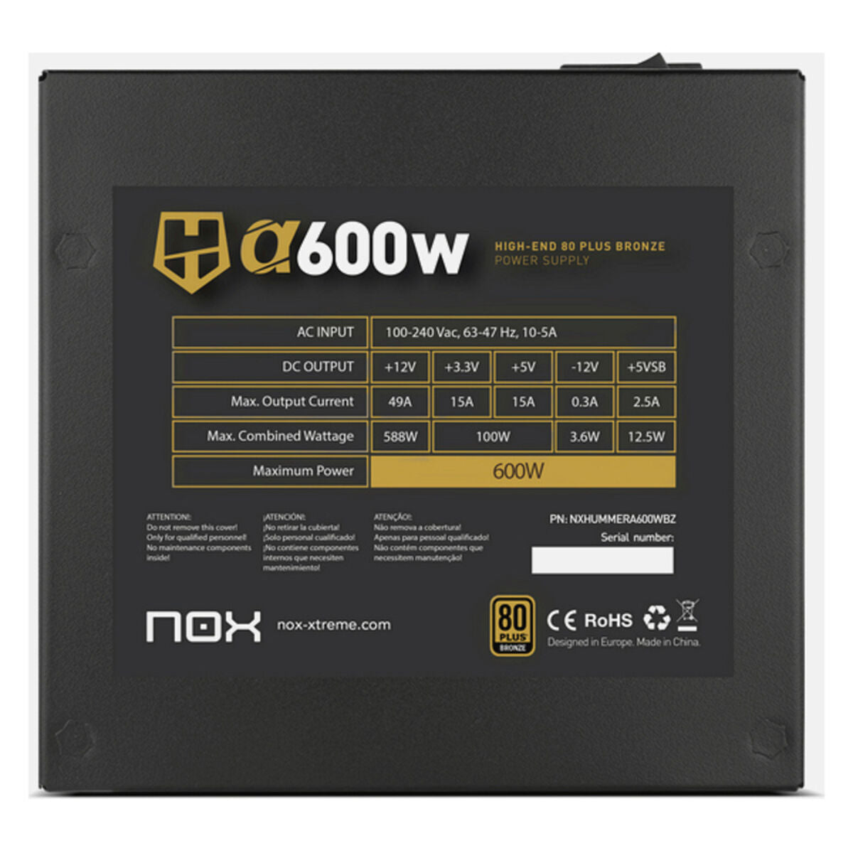 Stromquelle Nox NXHUMMERA600WBZ ATX 600 W 80 Plus Bronze 600 W