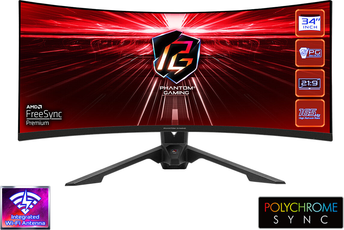 Curved UWQHD Gaming Monitor ASRock Phantom Gaming PG34WQ15R3A 34" 165Hz 4ms VA OLED Flicker free Gekrümmt