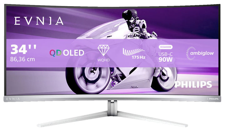 Curved UWQHD Gaming Monitor Philips Evnia 34M2C8600 34" 0.1ms 175Hz White OLED Flicker free Curved